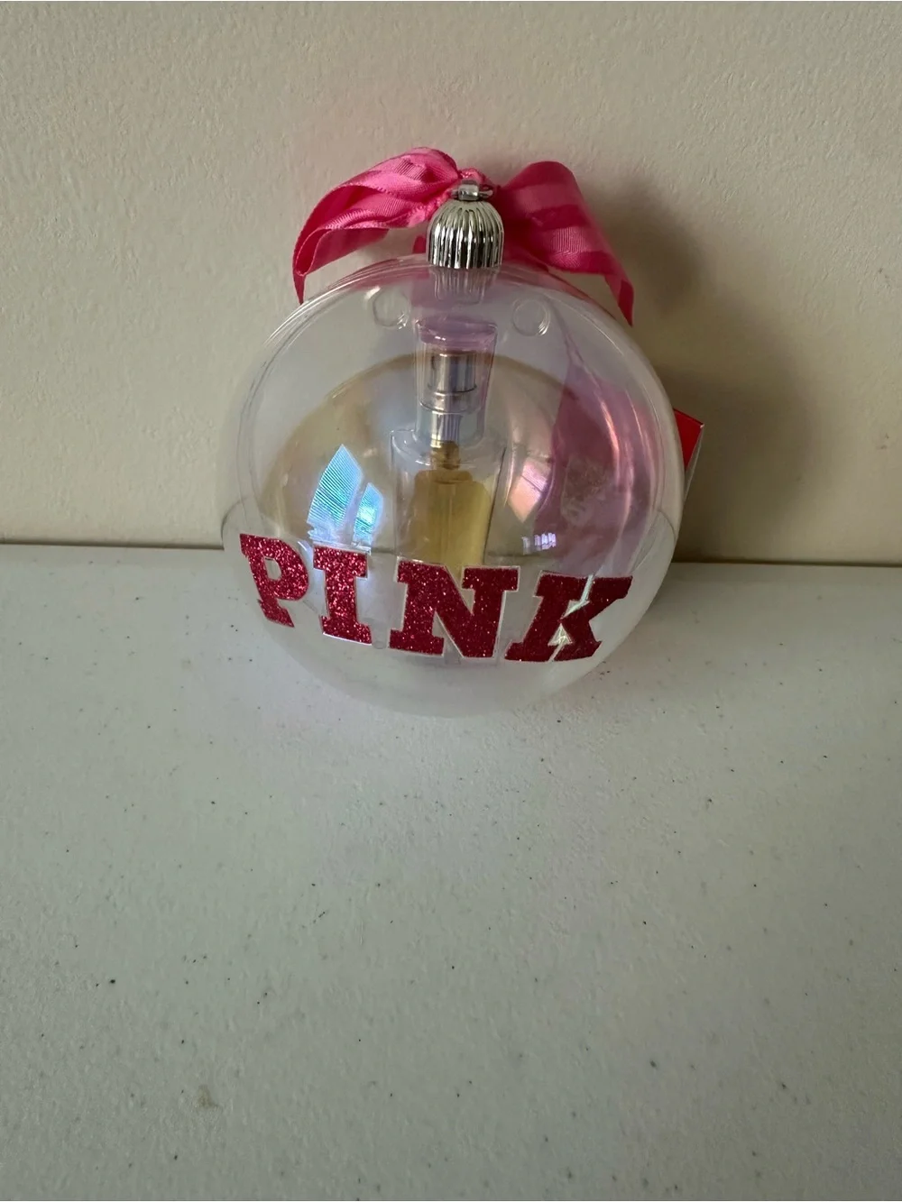 PINK Victoria's Secret Clear Ornament with Pink Glitter Logo and RibbonNEW